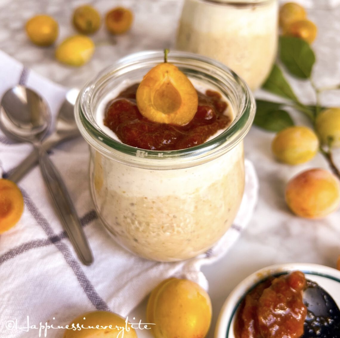 Cheesecake Oats with mirabelle compote