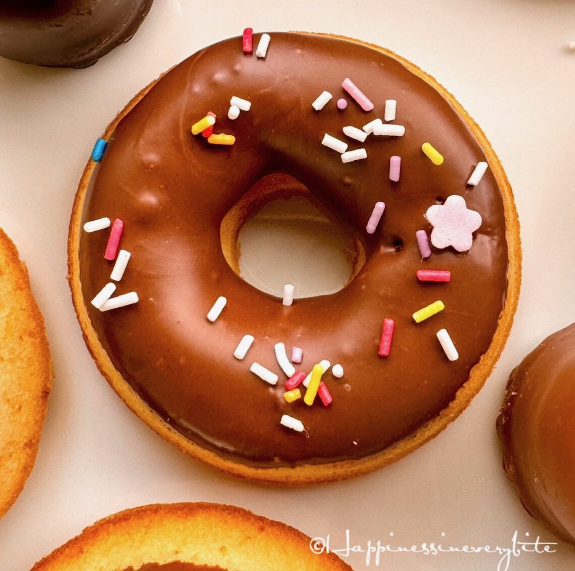 Baked vanilla donuts with chocolate frosting